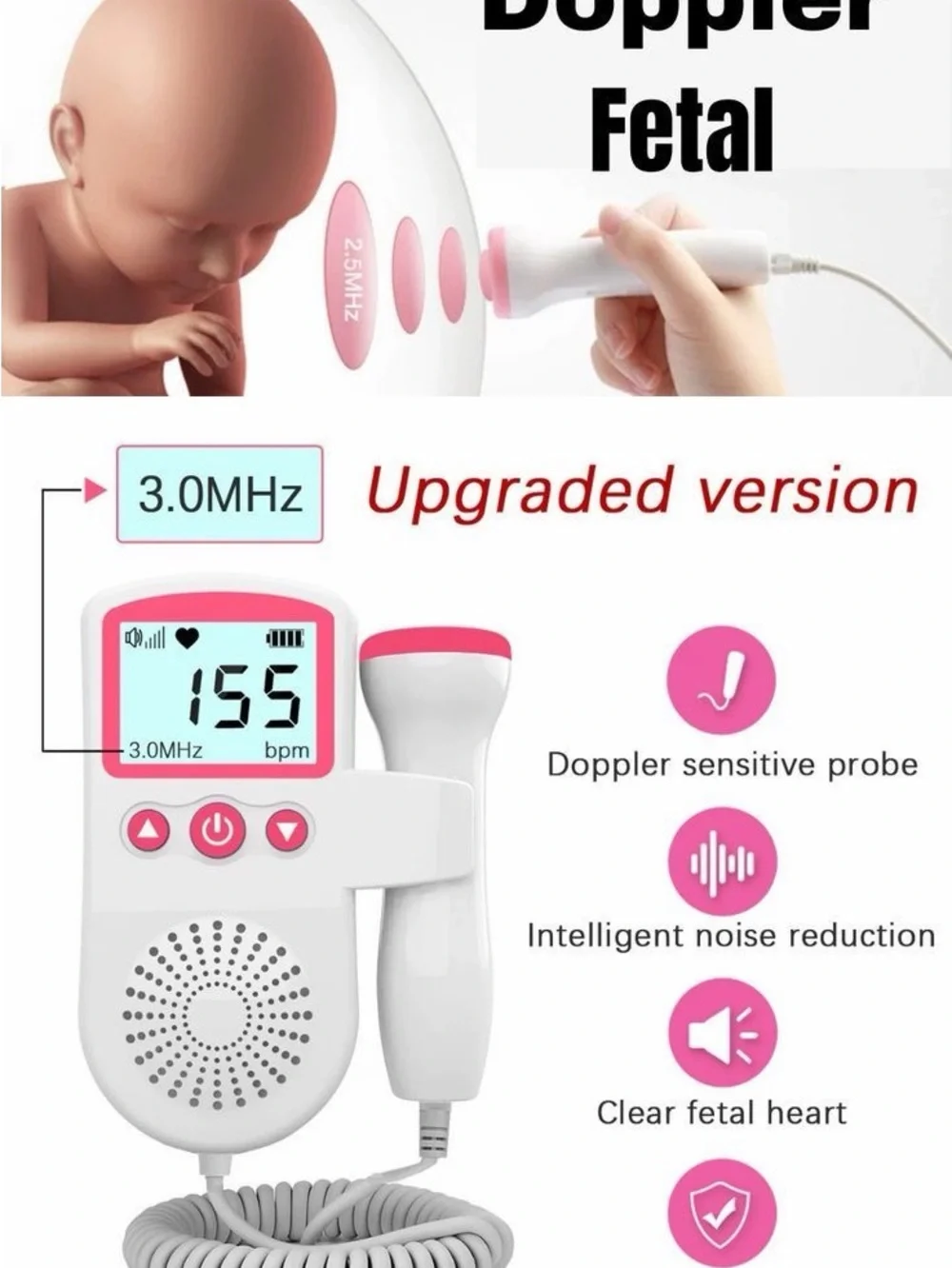 Fetal Doppler Baby Heartbeat Monitor with accessories Gel and Batteries - Pink